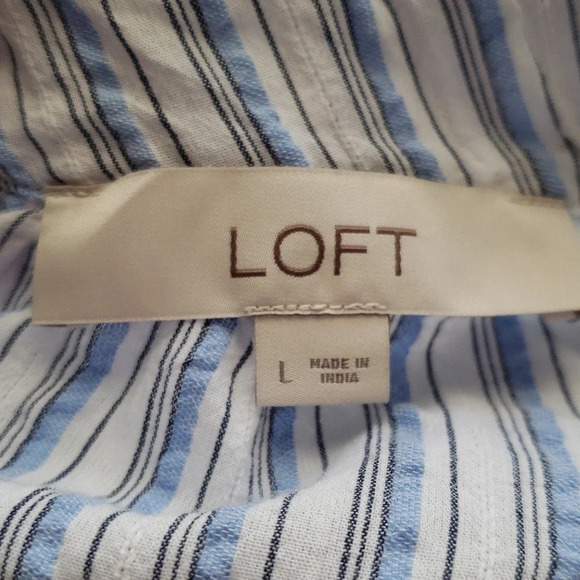 Loft Blouse Blue White Stripes Women  Long Sleeve Cottage Prairie Minimalist Lg - Picture 8 of 13